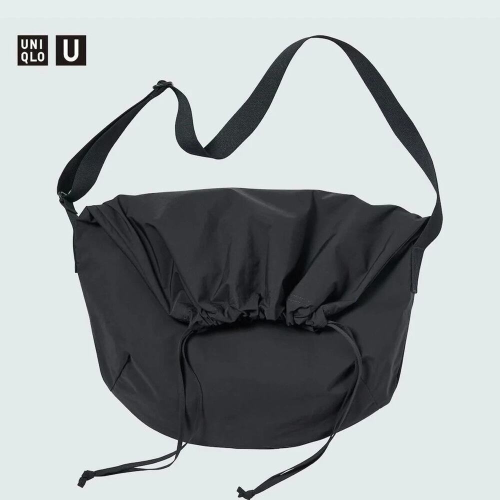 Uniqlo U EUC Black Unisex Lightweight Crossbody Foldover Drawstring Bag Compact